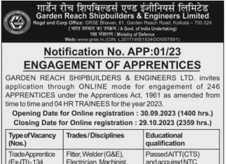 Garden Reach Shipbuilders & Engineers Ltd Apprentice Recruitment : 250 শিক্ষানবিশ পদের জন্য বিজ্ঞপ্তি | অনলাইনে আবেদন করুন | Garden Reach Shipbuilders & Engineers Ltd Apprentice Recruitment