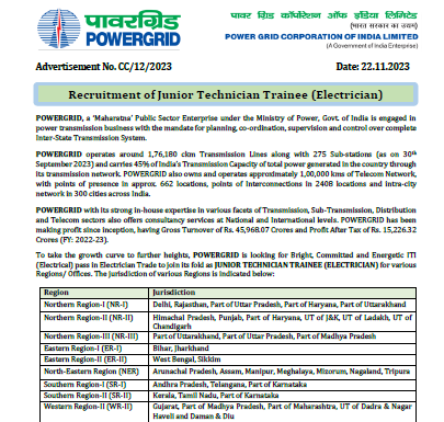 PGCIL Junior Technician Trainee Recruitment 2023 : 203 টি পদের জন্য আবেদন করুন !!! বিজ্ঞপ্তি আউট!!! অনলাইনে আবেদন !!! PGCIL Junior Technician Trainee Recruitment 2023