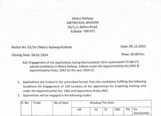 Kolkata Metro Recruitment 2023 : মেট্রো রেলে নিয়োগ !!! ন্যূনতম যোগ্যতা আই টি আই পাস !!! Kolkata Metro Recruitment 2023